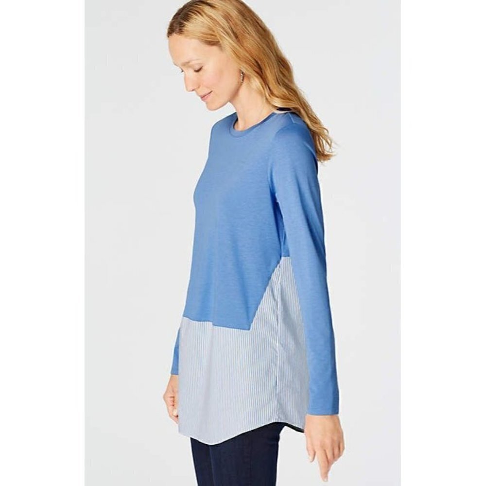 J. Jill Light Blue Mixed Media Crew Neck Lapis Button Back Blouse XS